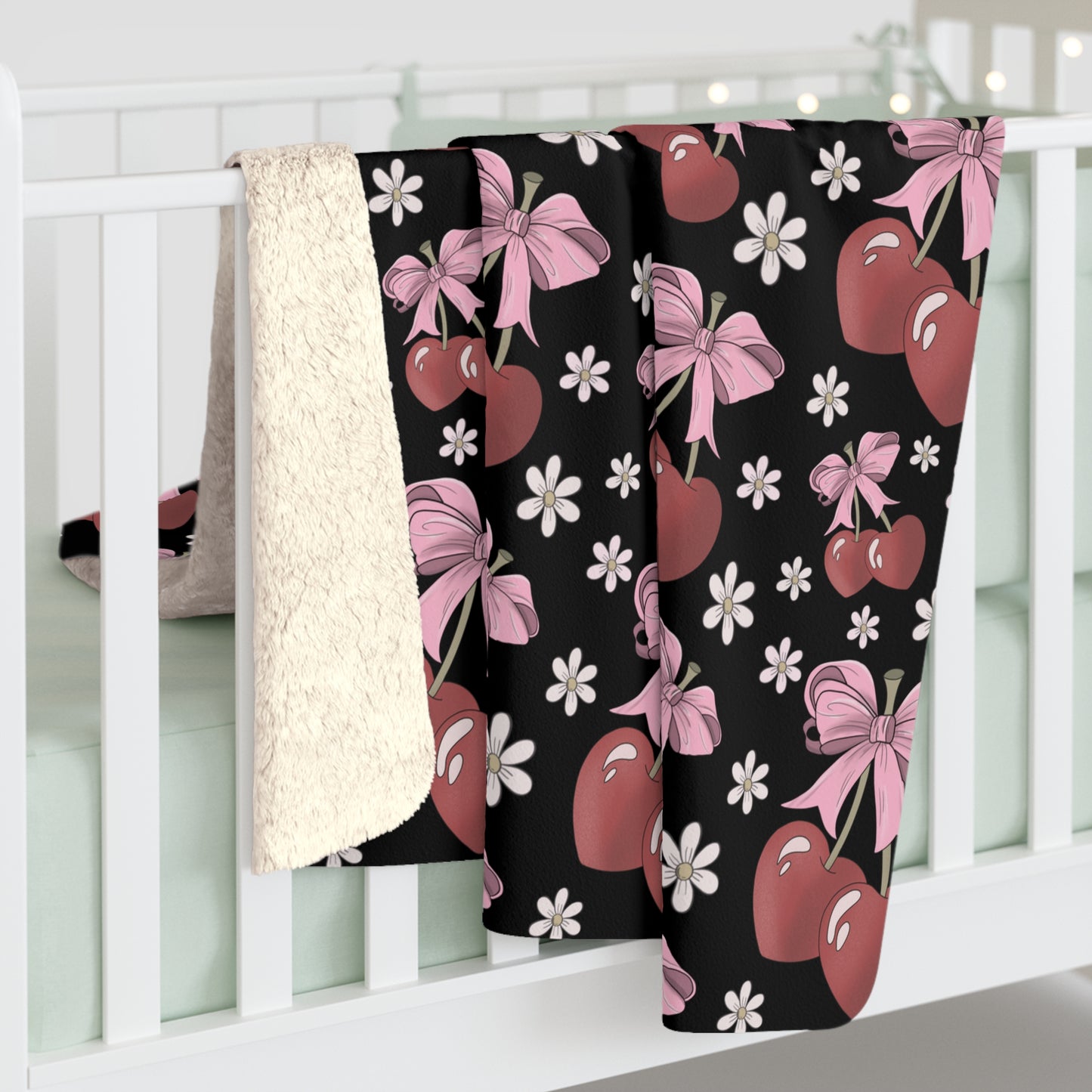 Sherpa Fleece Blanket, Heart Shaped Cherries and Bows, Warm and Cozy - 2 sizes