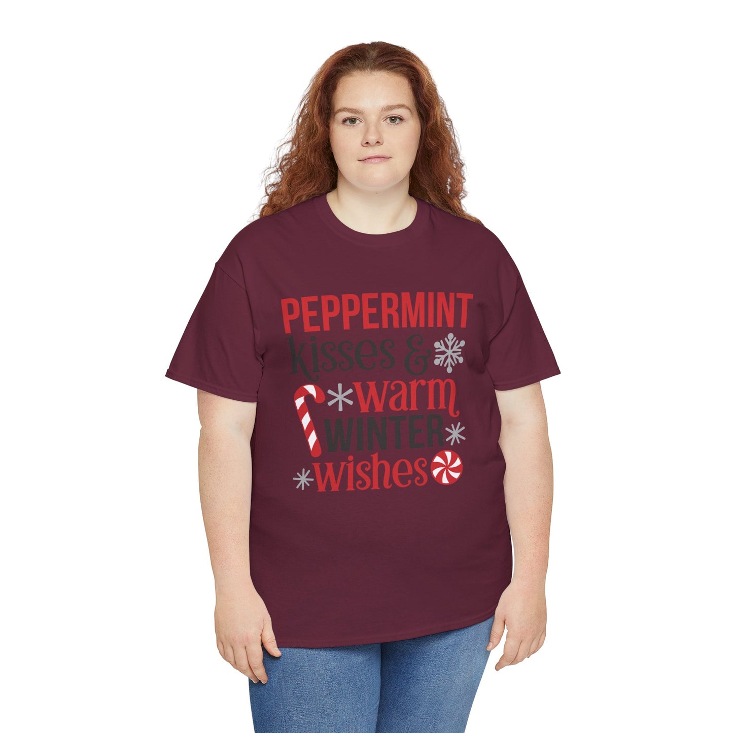 Peppermint Kisses and warm Winter wishes Unisex Heavy Cotton T-shirt - Christmas Winter Fun Cute Holiday Tee - sizes S - 3X