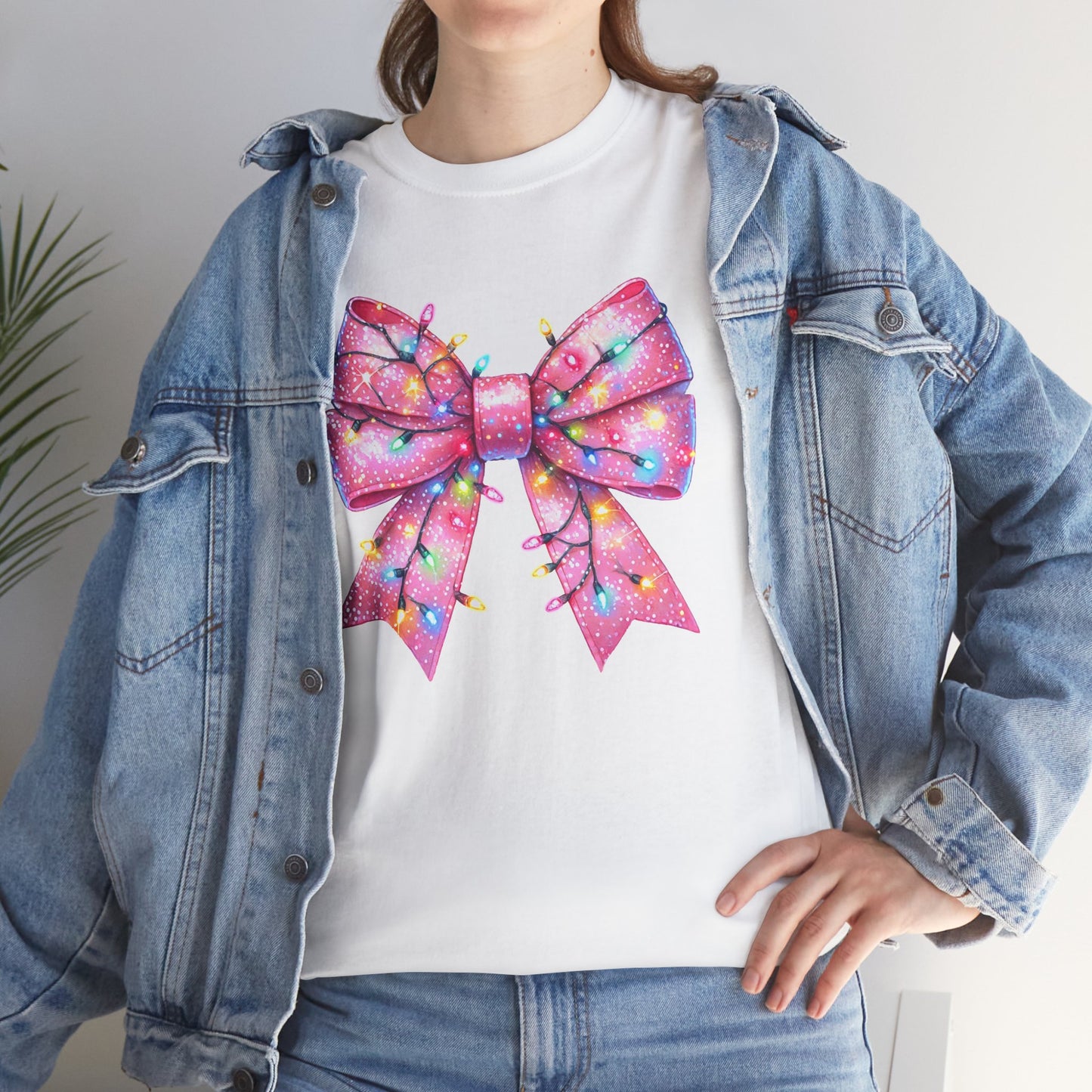 Pink Christmas Bow with lights Unisex Heavy Cotton Tee - sizes S - 5X