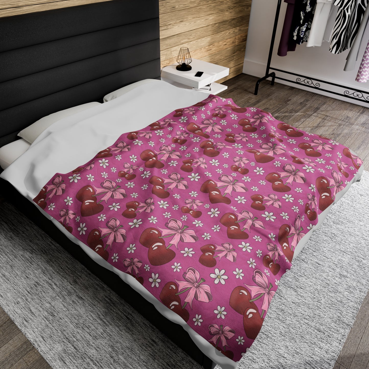Velveteen Plush Blanket - Heart Cherries & Bows Design - 3 sizes