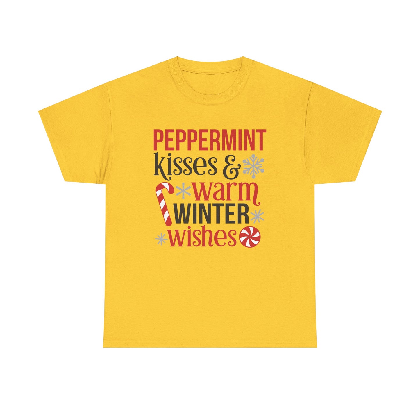 Peppermint Kisses and warm Winter wishes Unisex Heavy Cotton T-shirt - Christmas Winter Fun Cute Holiday Tee - sizes S - 3X