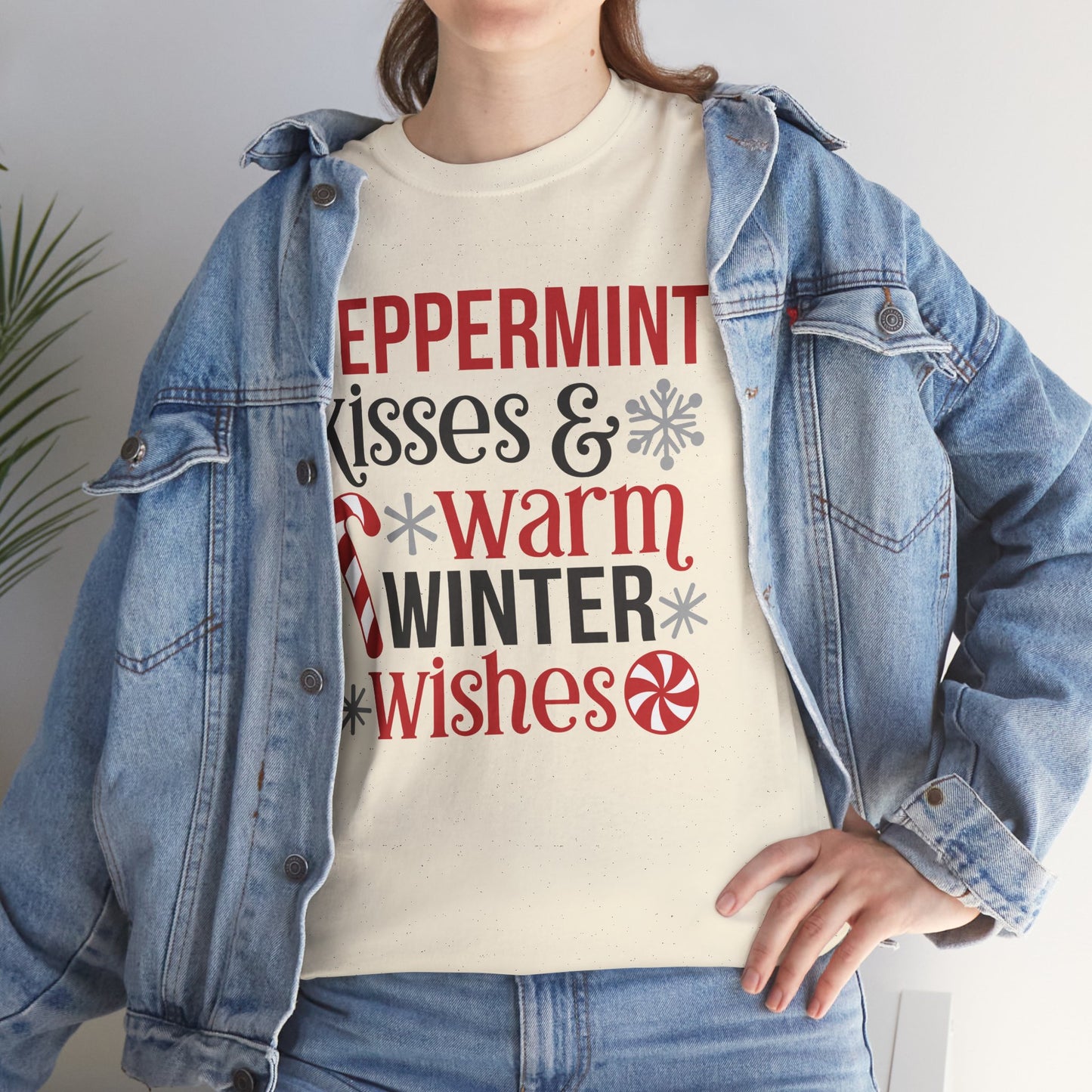 Peppermint Kisses and warm Winter wishes Unisex Heavy Cotton T-shirt - Christmas Winter Fun Cute Holiday Tee - sizes S - 3X