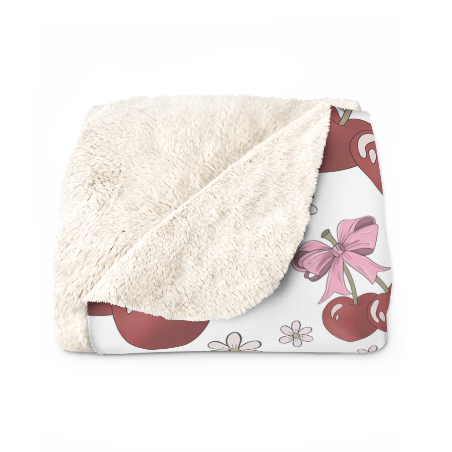 Sherpa Fleece Blanket, Heart Shaped Cherries and Bows, Warm and Cozy - 2 sizes