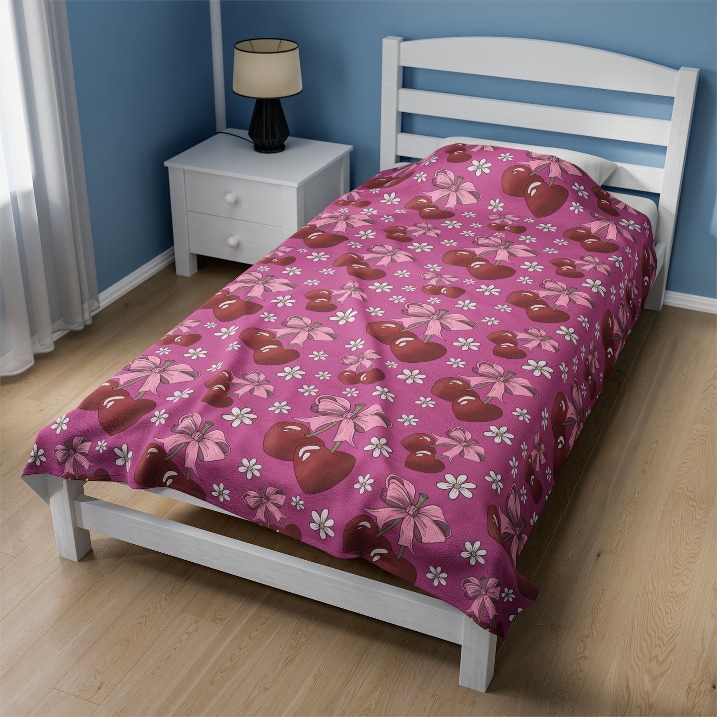 Velveteen Plush Blanket - Heart Cherries & Bows Design - 3 sizes