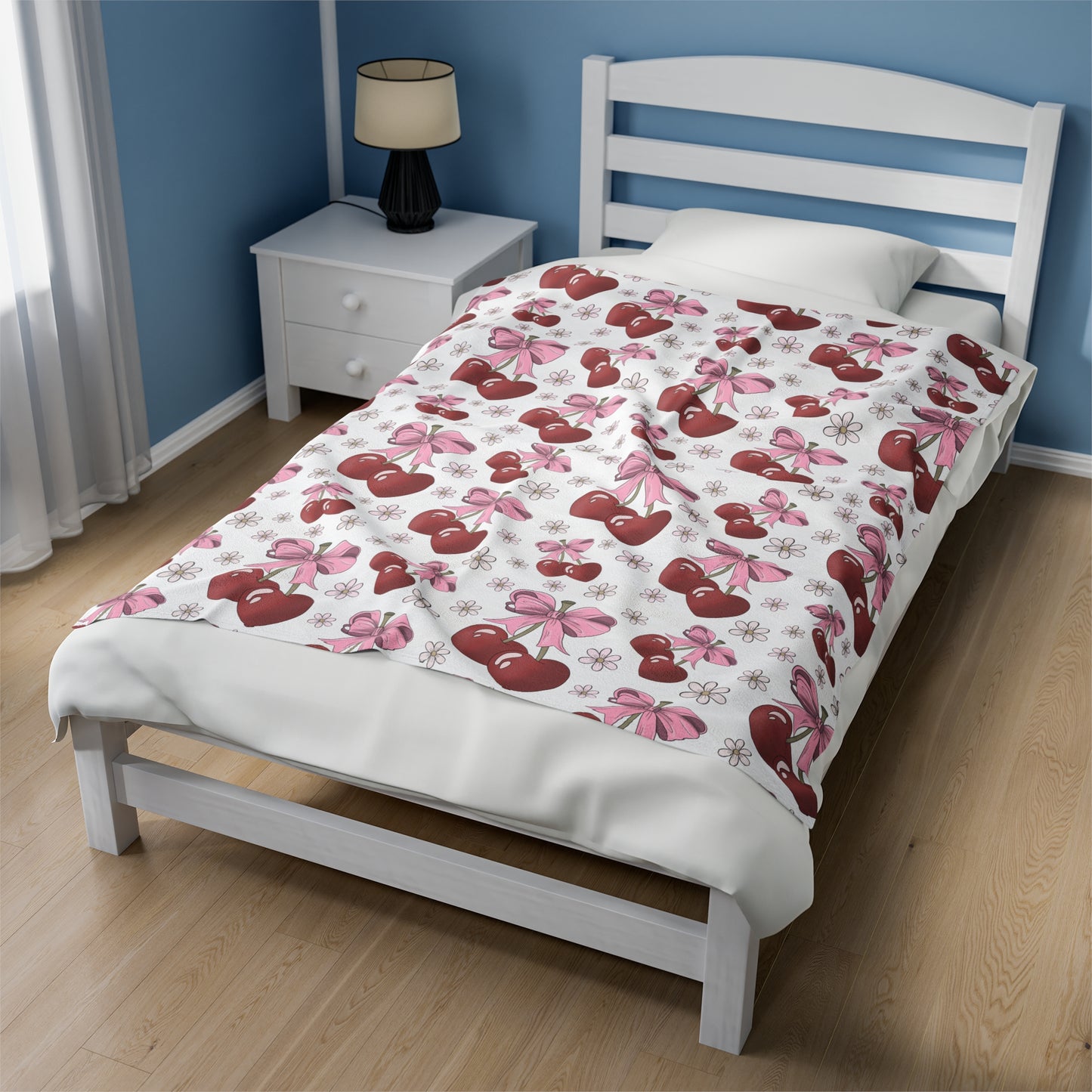 Velveteen Plush Blanket - Heart Cherries & Bows Design - 3 sizes