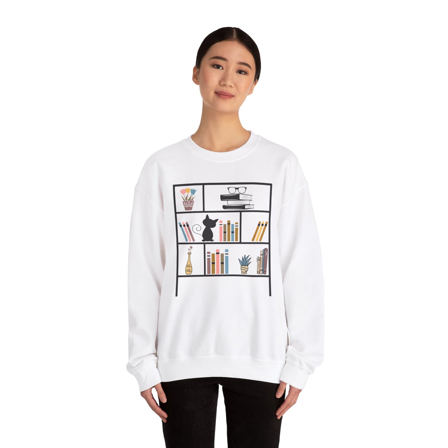 Unisex Heavy Blend™ Crewneck Sweatshirt - cute bookshelf with cat - sizes S - 3X