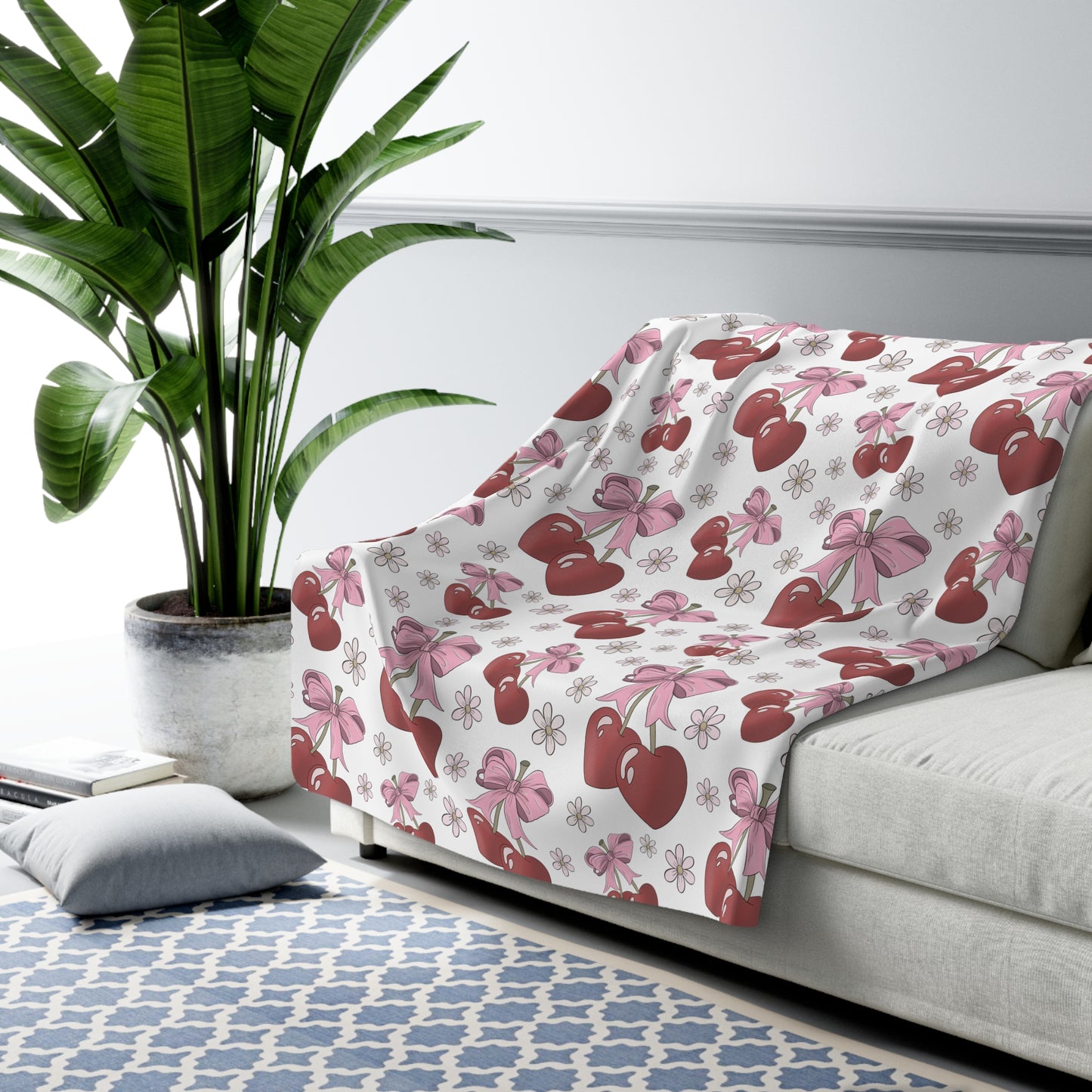 Sherpa Fleece Blanket, Heart Shaped Cherries and Bows, Warm and Cozy - 2 sizes