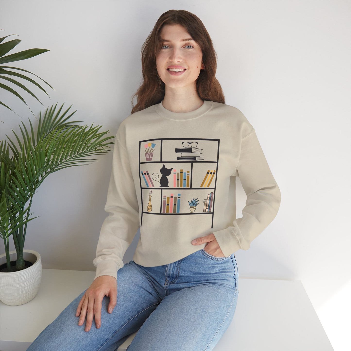 Unisex Heavy Blend™ Crewneck Sweatshirt - cute bookshelf with cat - sizes S - 3X