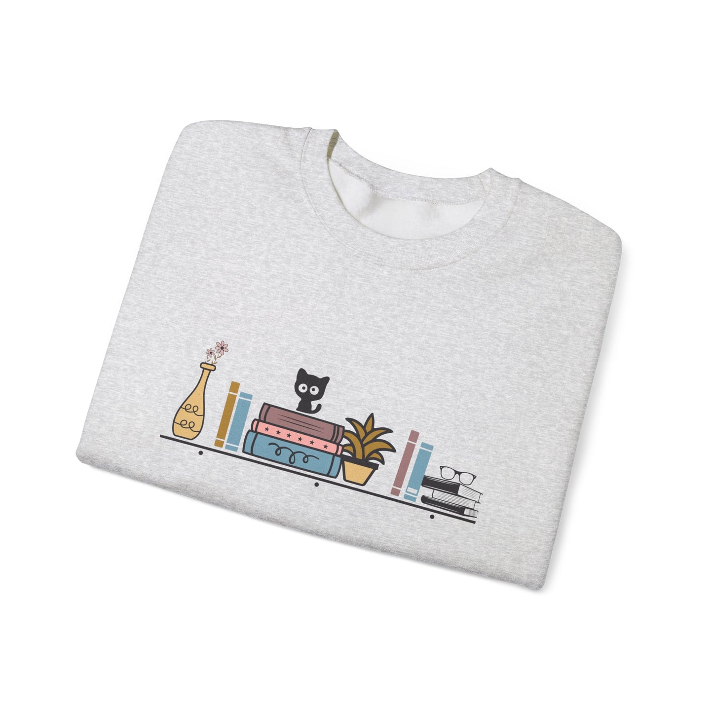 Unisex Heavy Blend™ Crewneck Sweatshirt - cute cat with books on bookshelf - sizes S - 3X