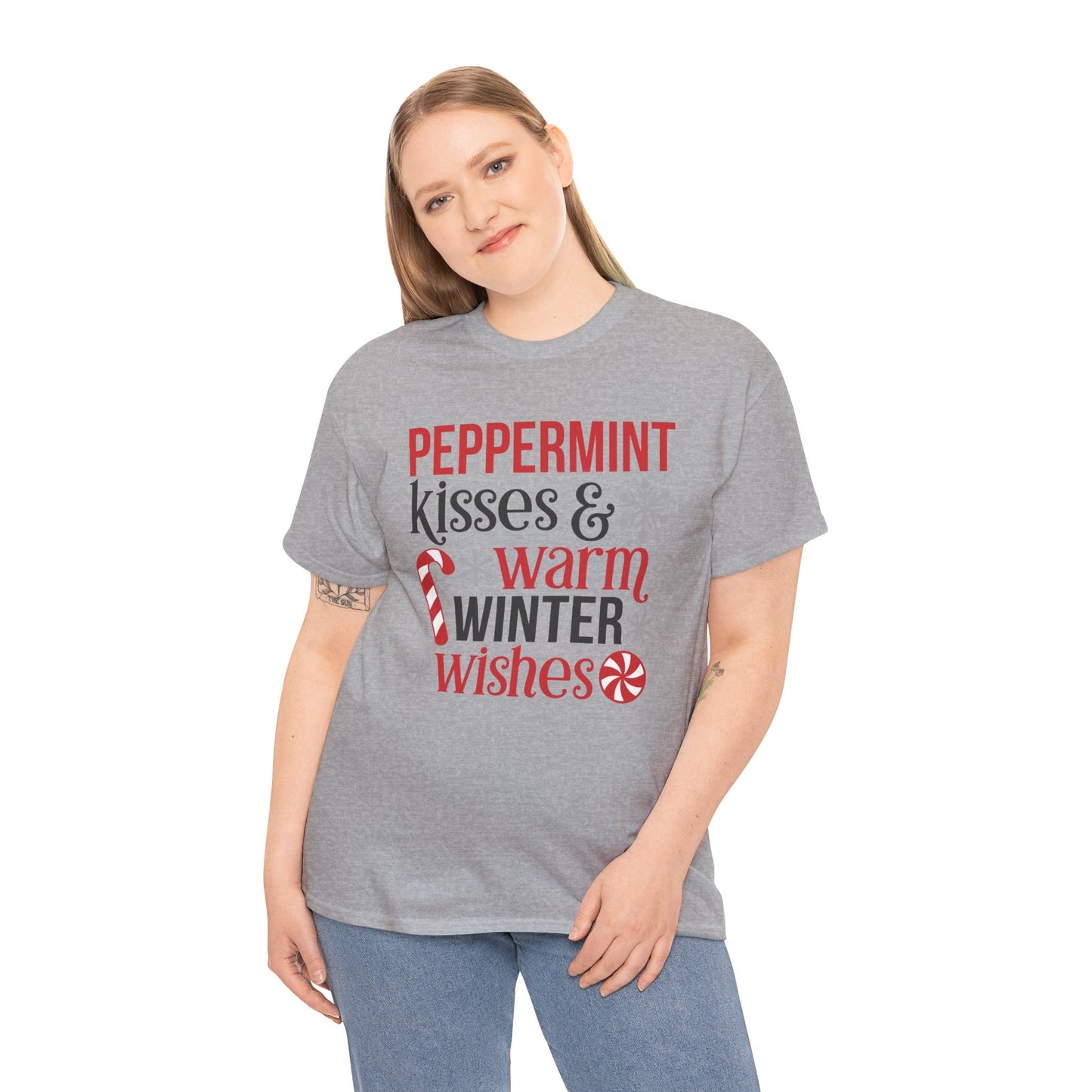 Peppermint Kisses and warm Winter wishes Unisex Heavy Cotton T-shirt - Christmas Winter Fun Cute Holiday Tee - sizes S - 3X