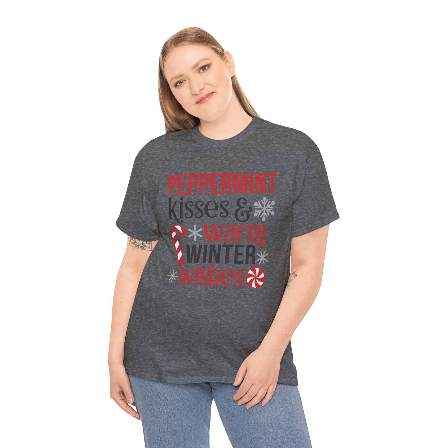 Peppermint Kisses and warm Winter wishes Unisex Heavy Cotton T-shirt - Christmas Winter Fun Cute Holiday Tee - sizes S - 3X