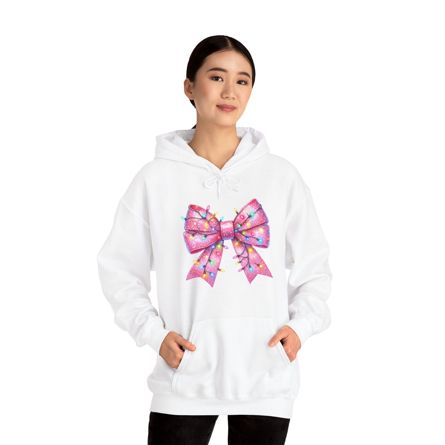 Pink Christmas Bow Heavy Blend Hoodie - Festive Unisex Sweatshirt - sizes S - 5X