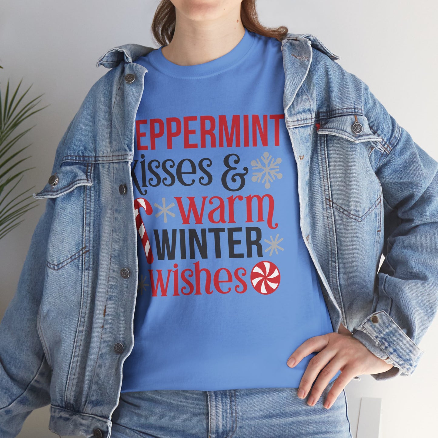 Peppermint Kisses and warm Winter wishes Unisex Heavy Cotton T-shirt - Christmas Winter Fun Cute Holiday Tee - sizes S - 3X