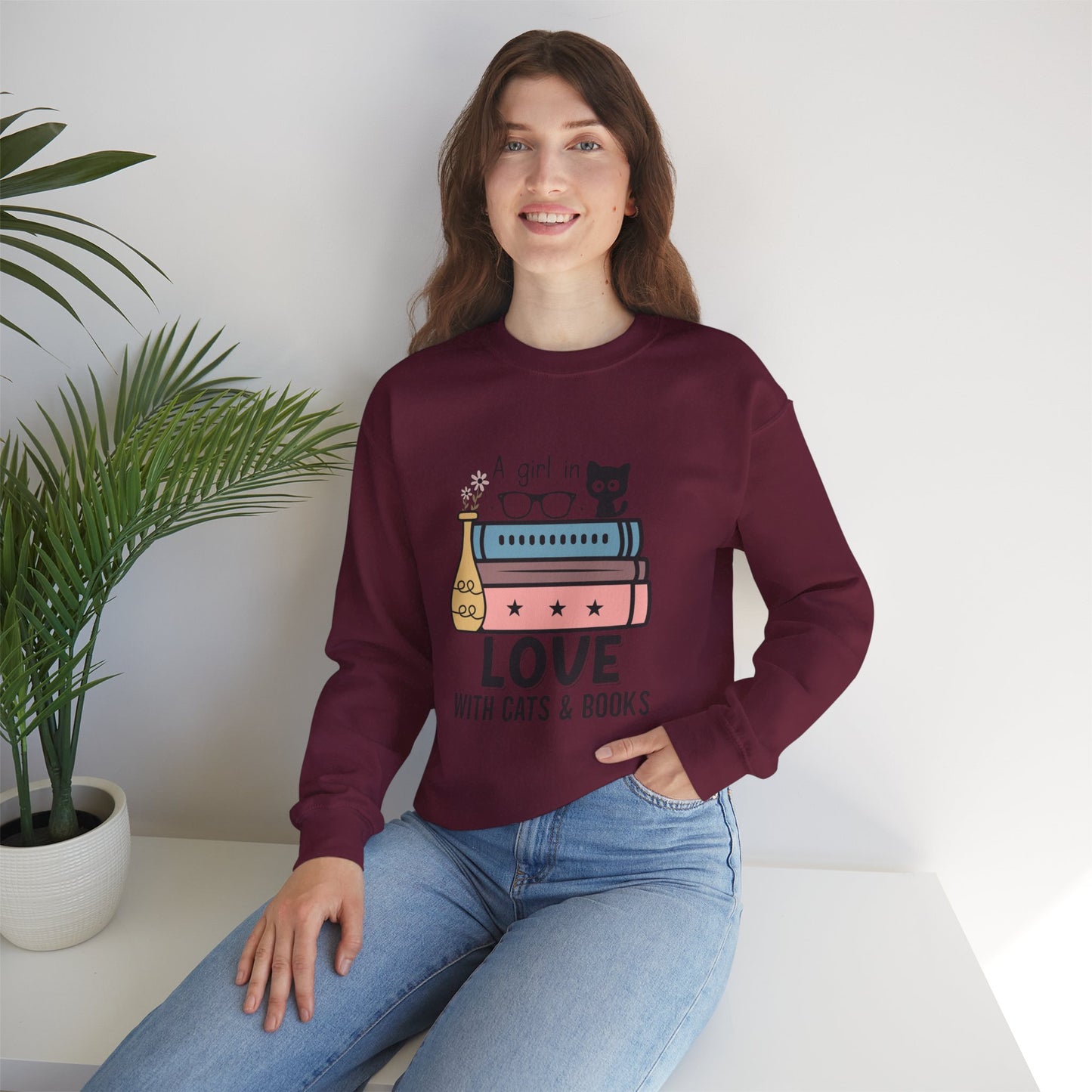 Just a Girl in Love with Cats and Books Unisex Heavy Blend™ Crewneck Sweatshirt - S - 3X sizes
