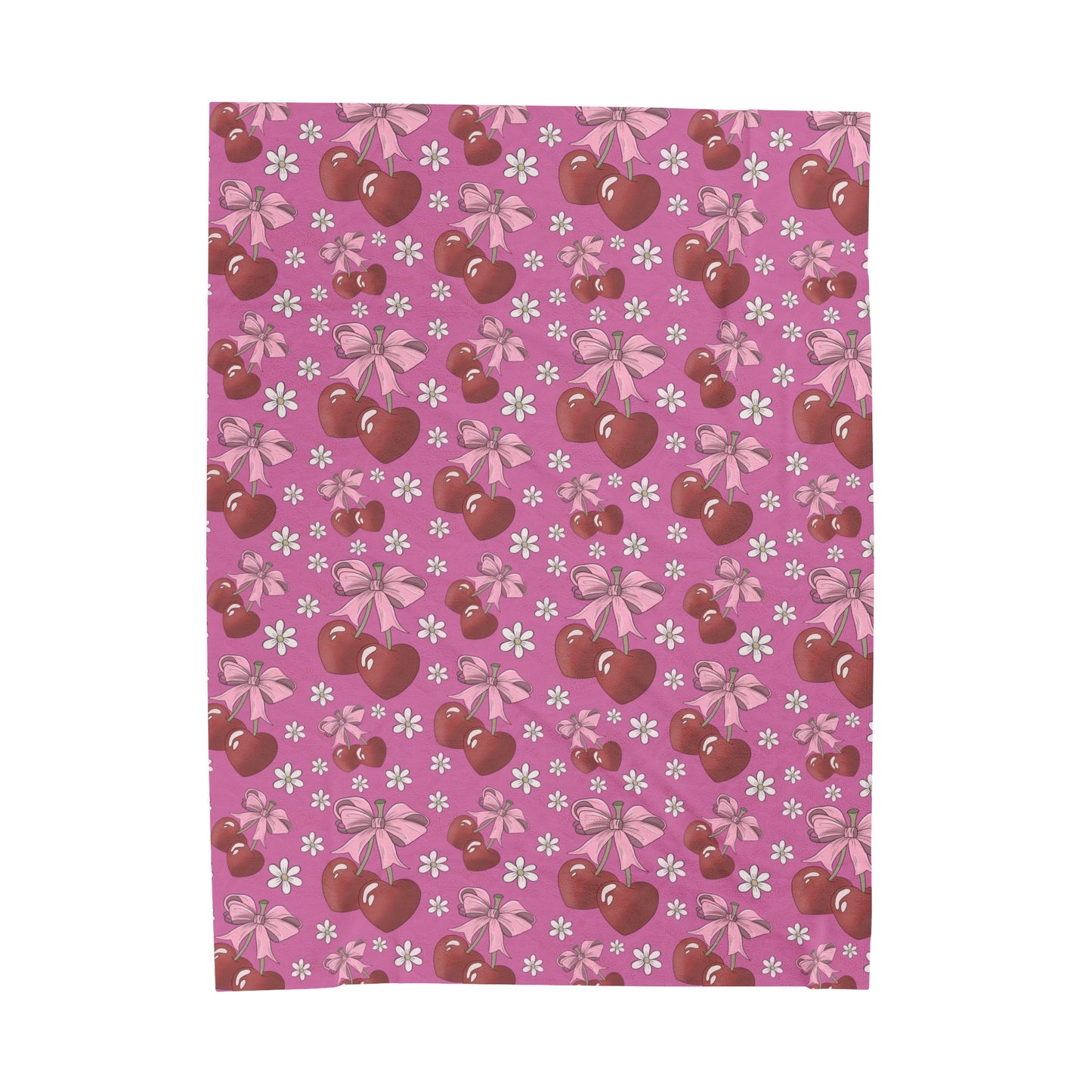 Velveteen Plush Blanket - Heart Cherries & Bows Design - 3 sizes