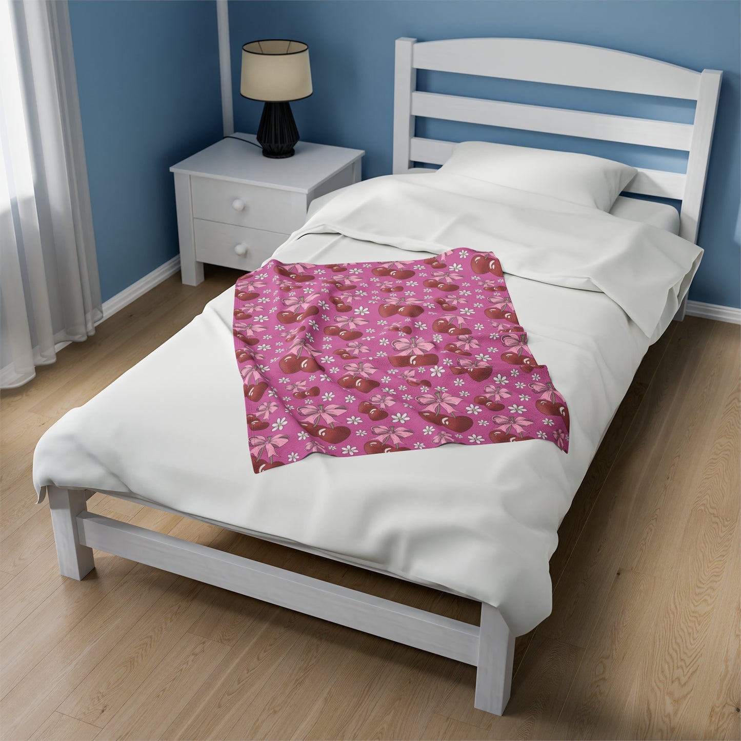 Velveteen Plush Blanket - Heart Cherries & Bows Design - 3 sizes
