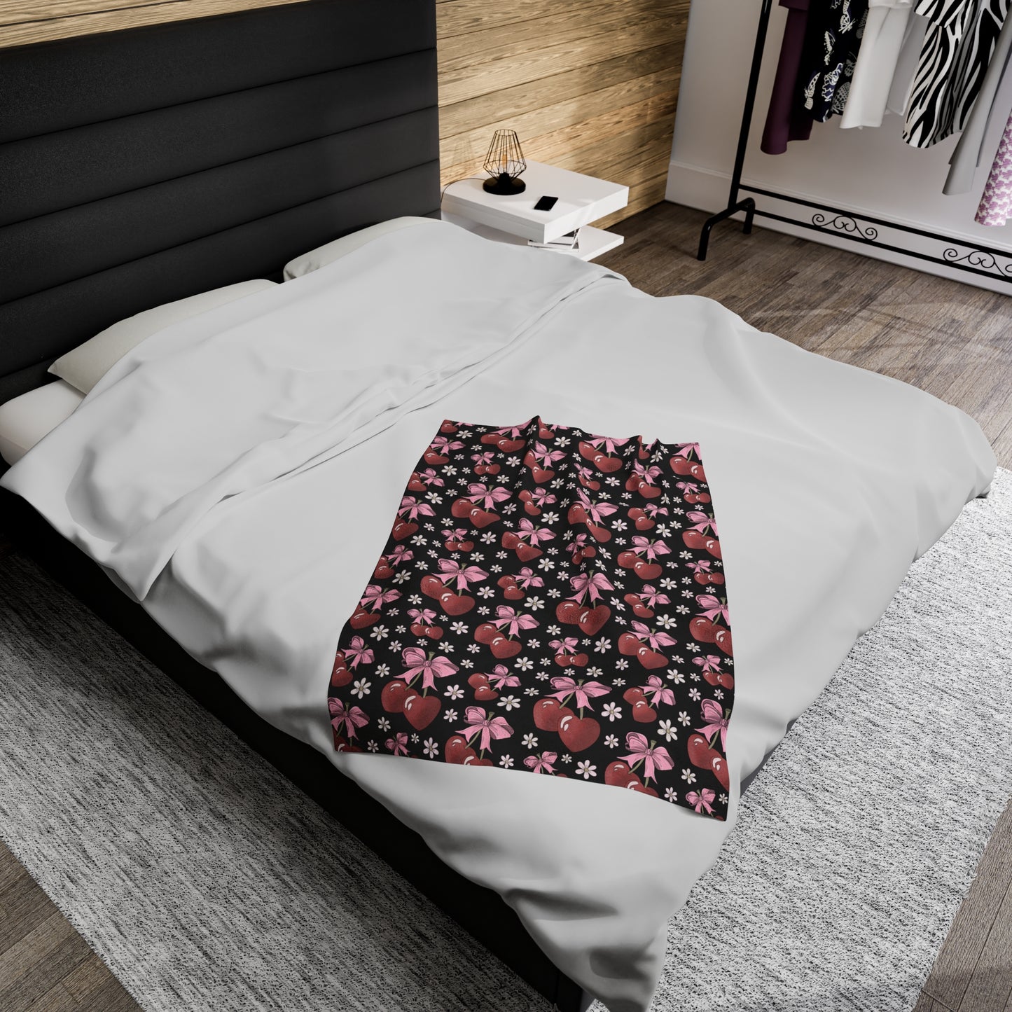 Velveteen Plush Blanket - Heart Cherries & Bows Design - 3 sizes