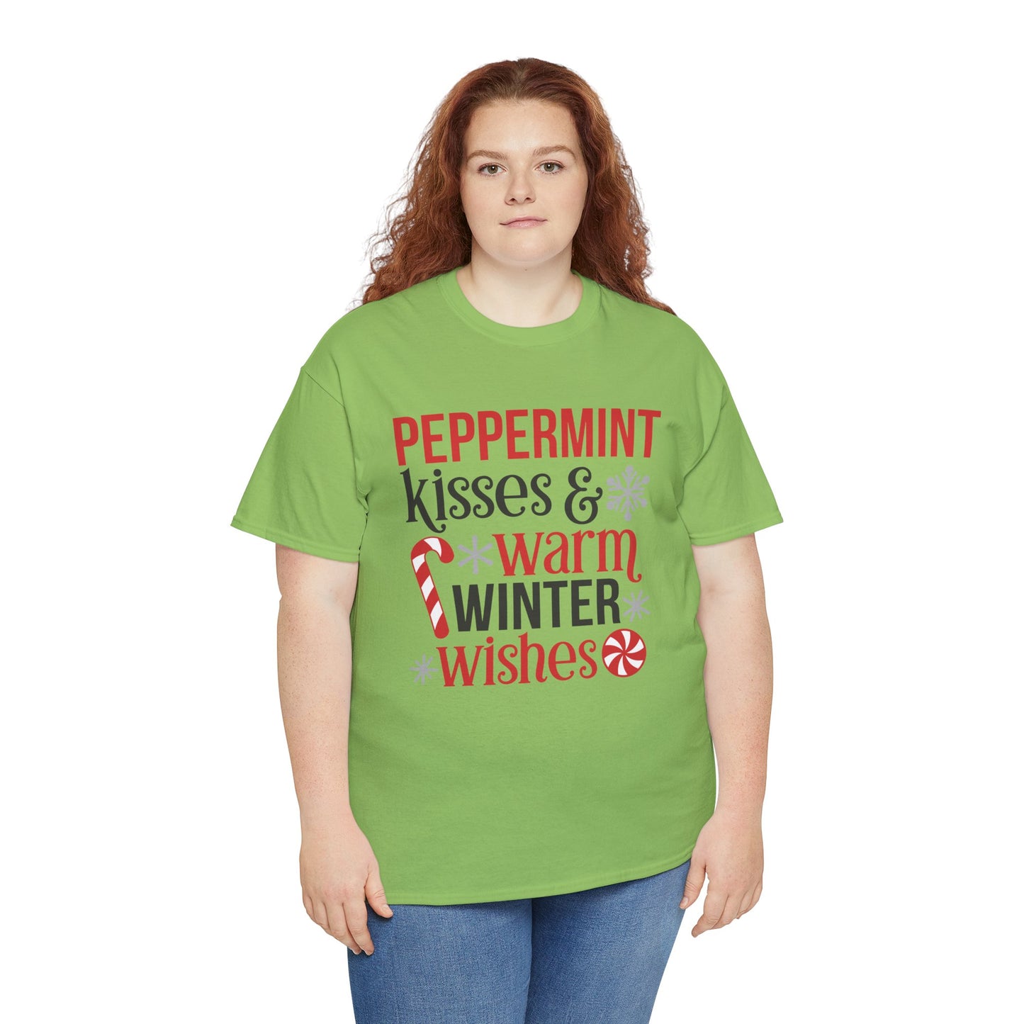 Peppermint Kisses and warm Winter wishes Unisex Heavy Cotton T-shirt - Christmas Winter Fun Cute Holiday Tee - sizes S - 3X