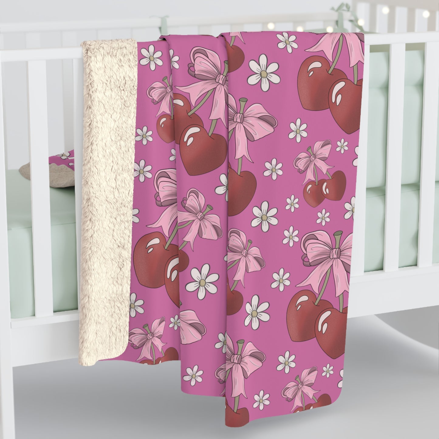 Sherpa Fleece Blanket, Heart Shaped Cherries and Bows, Warm and Cozy - 2 sizes