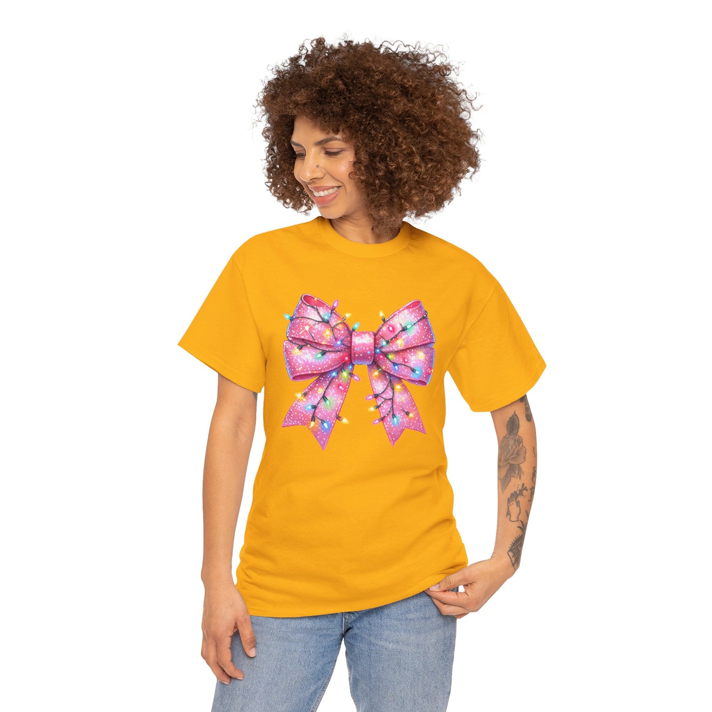Pink Christmas Bow with lights Unisex Heavy Cotton Tee - sizes S - 5X