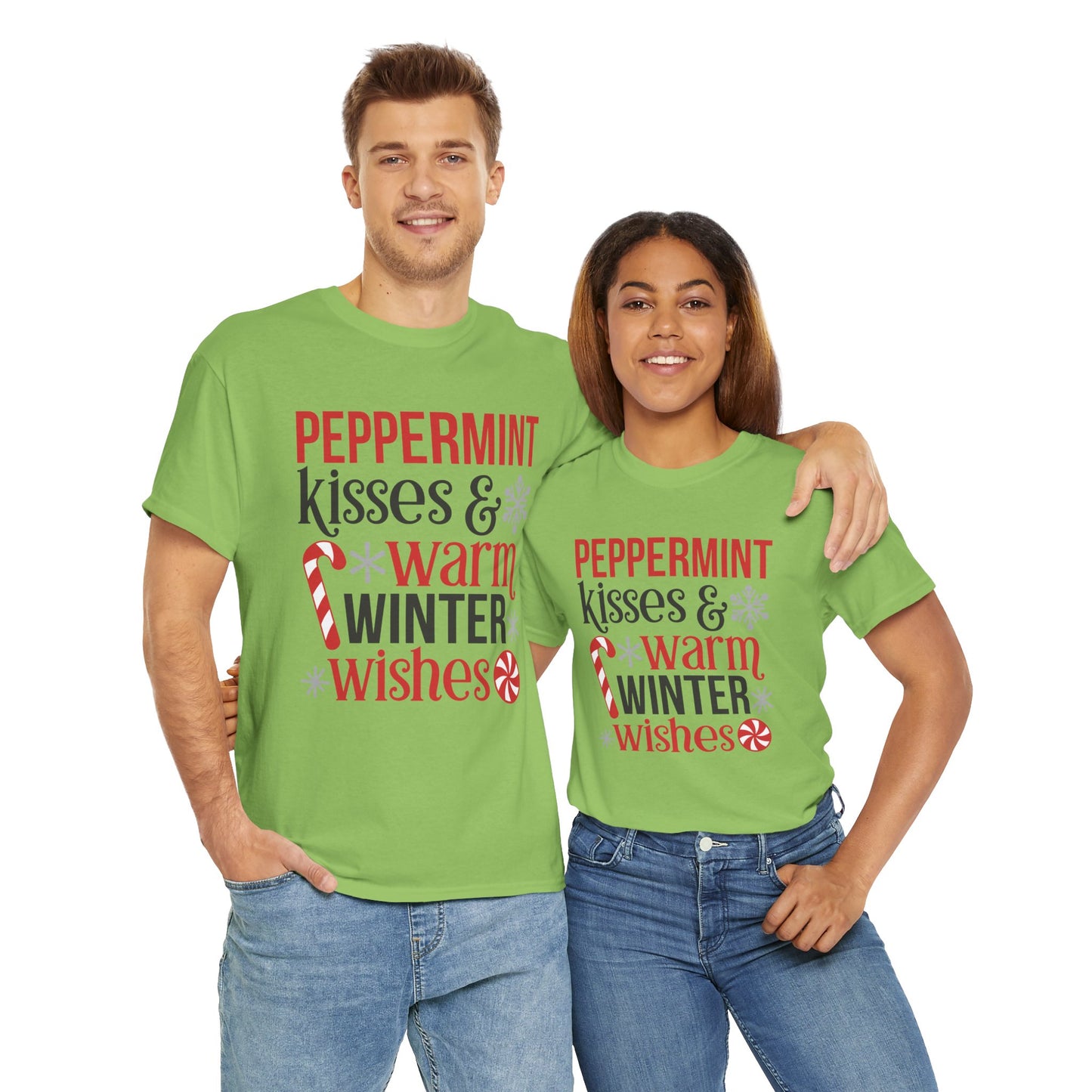 Peppermint Kisses and warm Winter wishes Unisex Heavy Cotton T-shirt - Christmas Winter Fun Cute Holiday Tee - sizes S - 3X