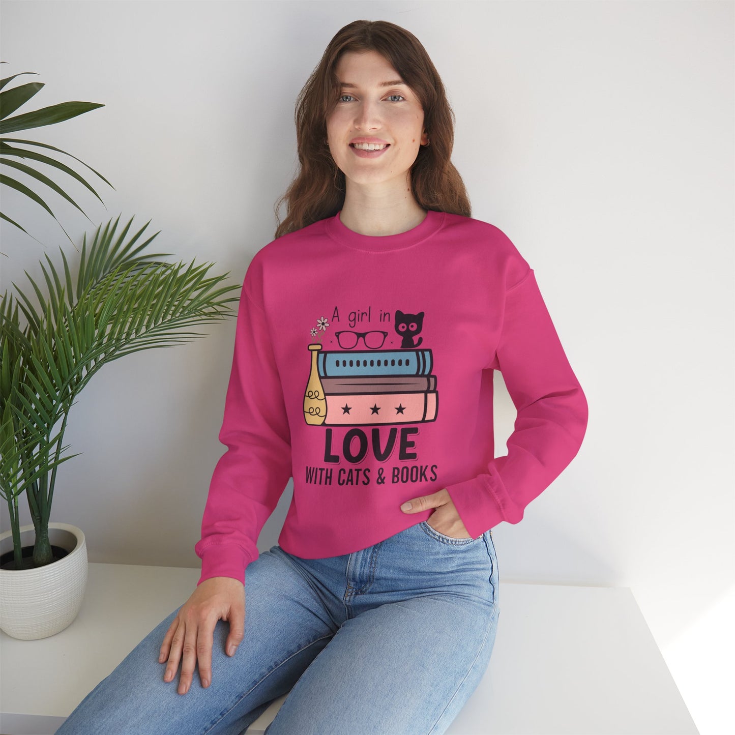 Just a Girl in Love with Cats and Books Unisex Heavy Blend™ Crewneck Sweatshirt - S - 3X sizes