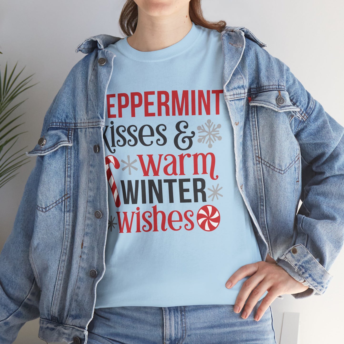 Peppermint Kisses and warm Winter wishes Unisex Heavy Cotton T-shirt - Christmas Winter Fun Cute Holiday Tee - sizes S - 3X