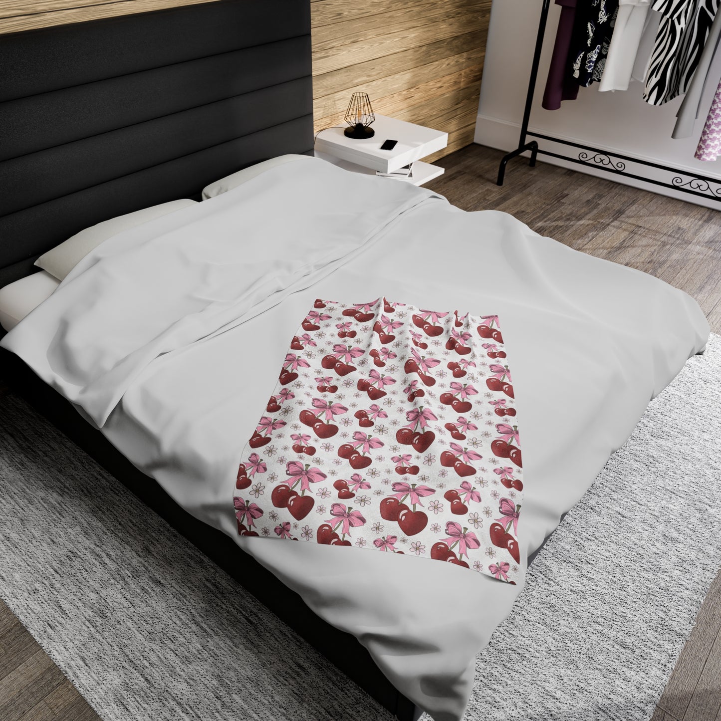 Velveteen Plush Blanket - Heart Cherries & Bows Design - 3 sizes