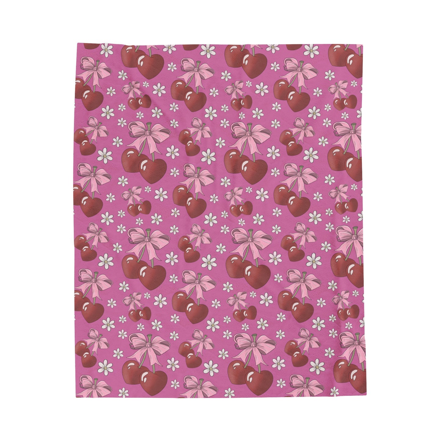 Velveteen Plush Blanket - Heart Cherries & Bows Design - 3 sizes