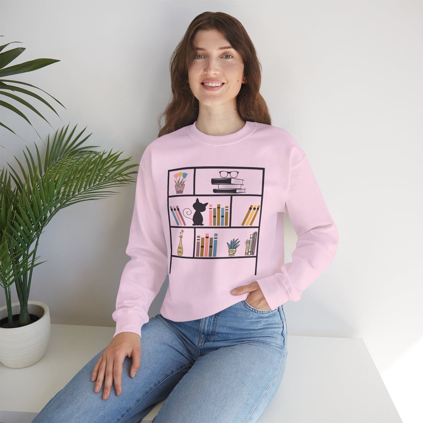Unisex Heavy Blend™ Crewneck Sweatshirt - cute bookshelf with cat - sizes S - 3X