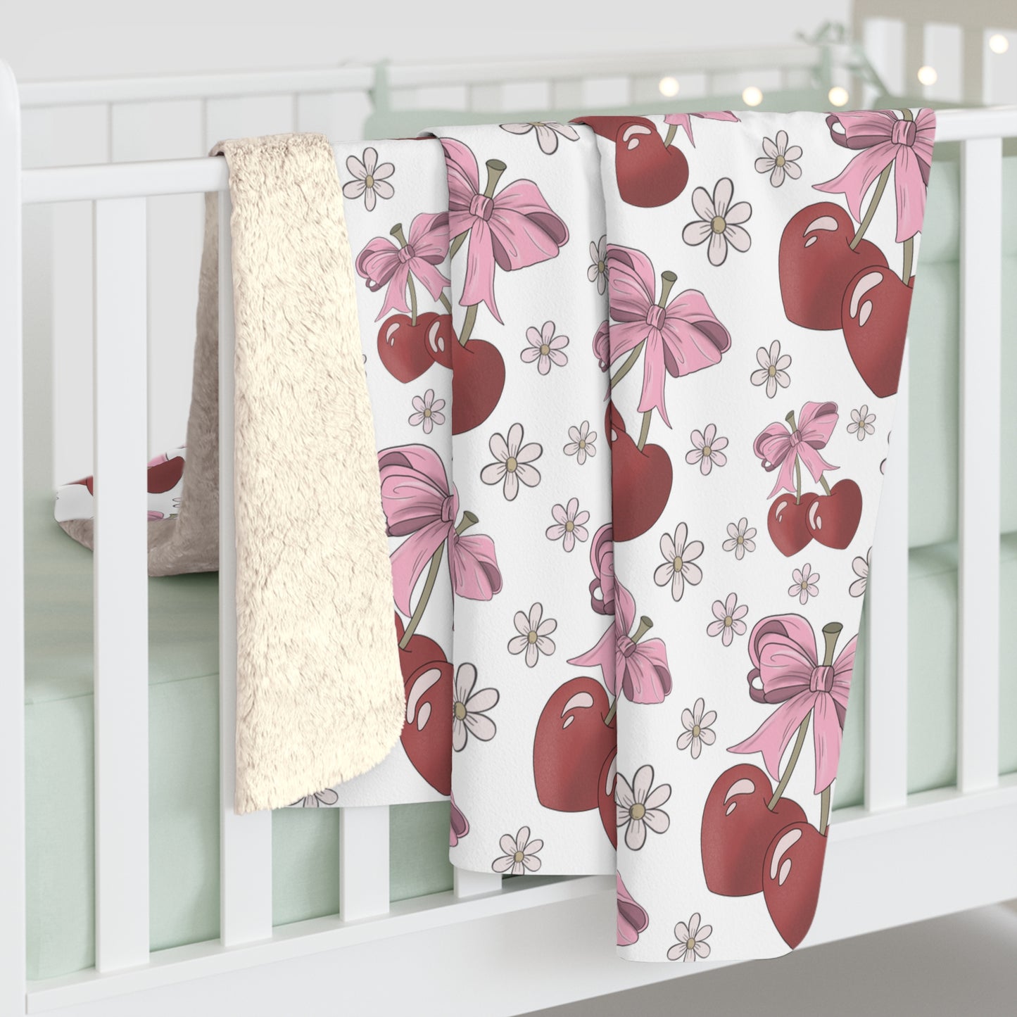 Sherpa Fleece Blanket, Heart Shaped Cherries and Bows, Warm and Cozy - 2 sizes