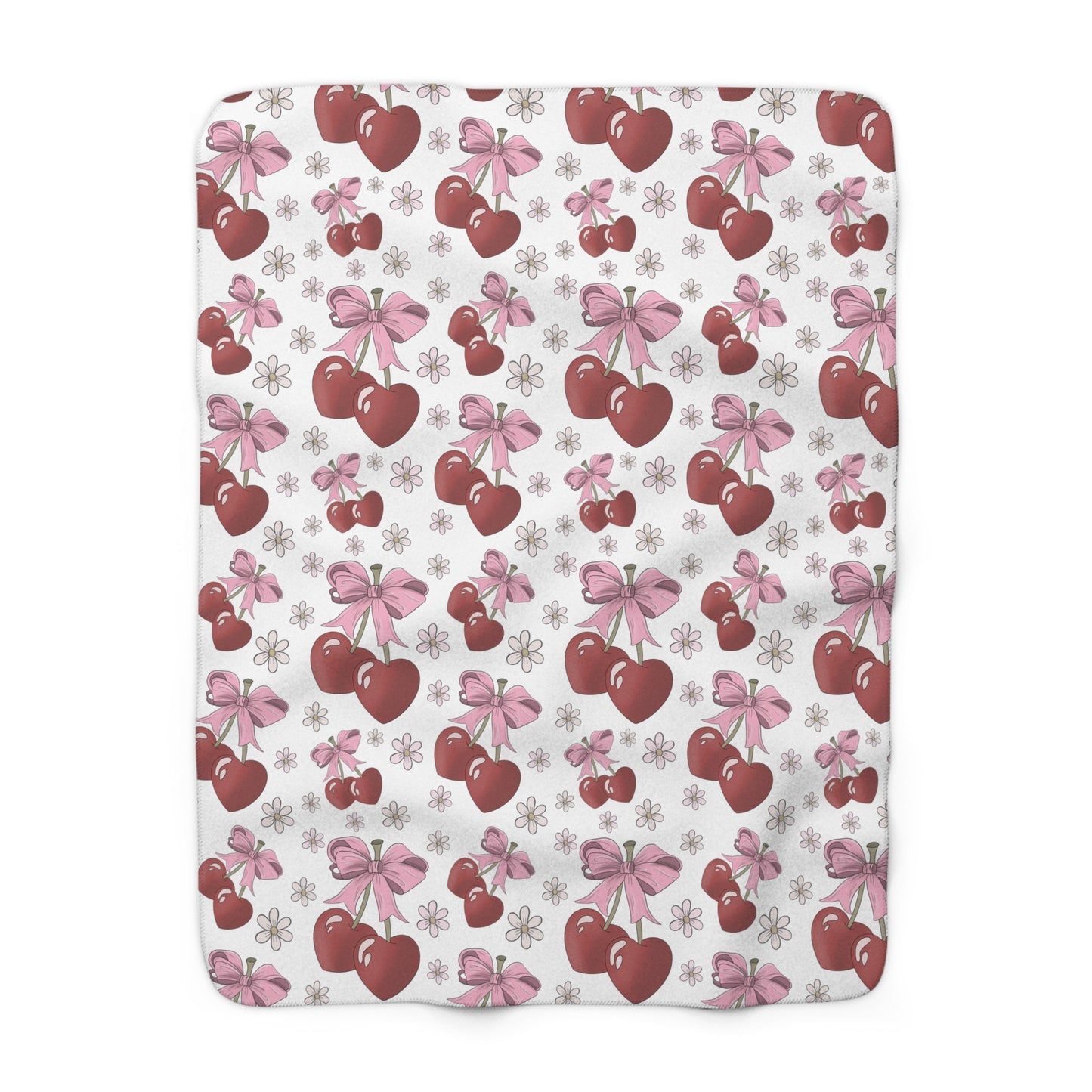 Sherpa Fleece Blanket, Heart Shaped Cherries and Bows, Warm and Cozy - 2 sizes
