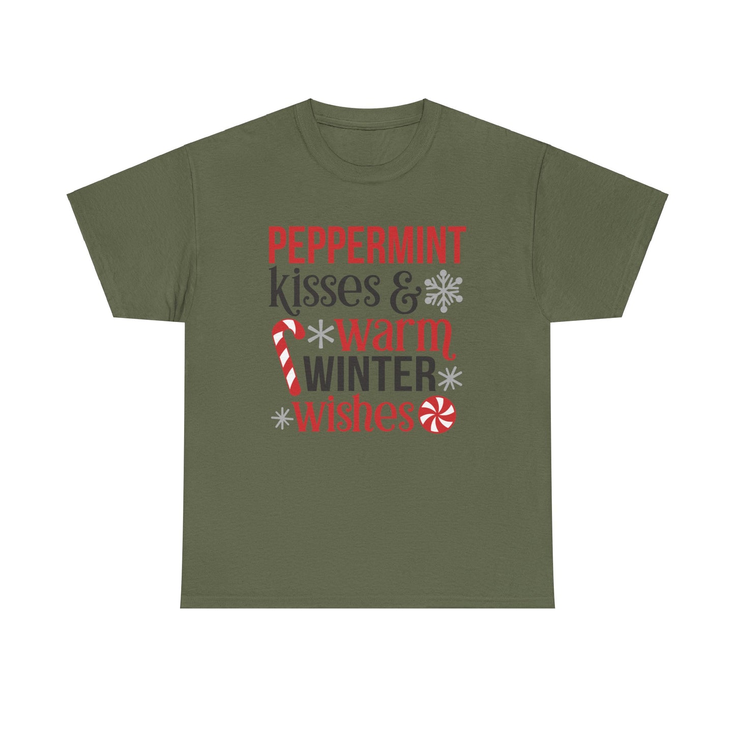 Peppermint Kisses and warm Winter wishes Unisex Heavy Cotton T-shirt - Christmas Winter Fun Cute Holiday Tee - sizes S - 3X