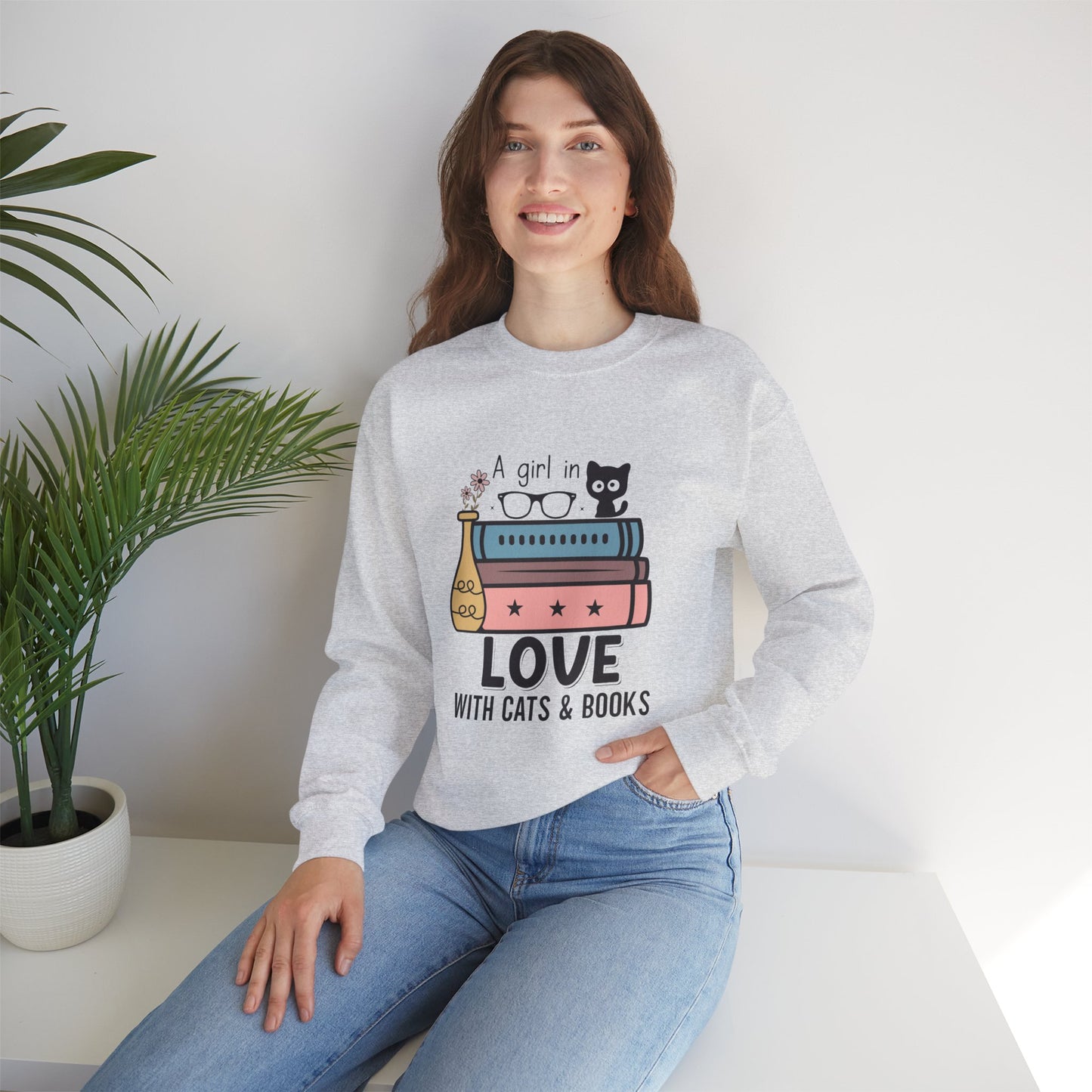 Just a Girl in Love with Cats and Books Unisex Heavy Blend™ Crewneck Sweatshirt - S - 3X sizes