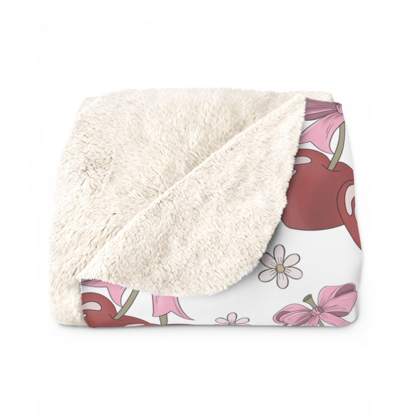 Sherpa Fleece Blanket, Heart Shaped Cherries and Bows, Warm and Cozy - 2 sizes