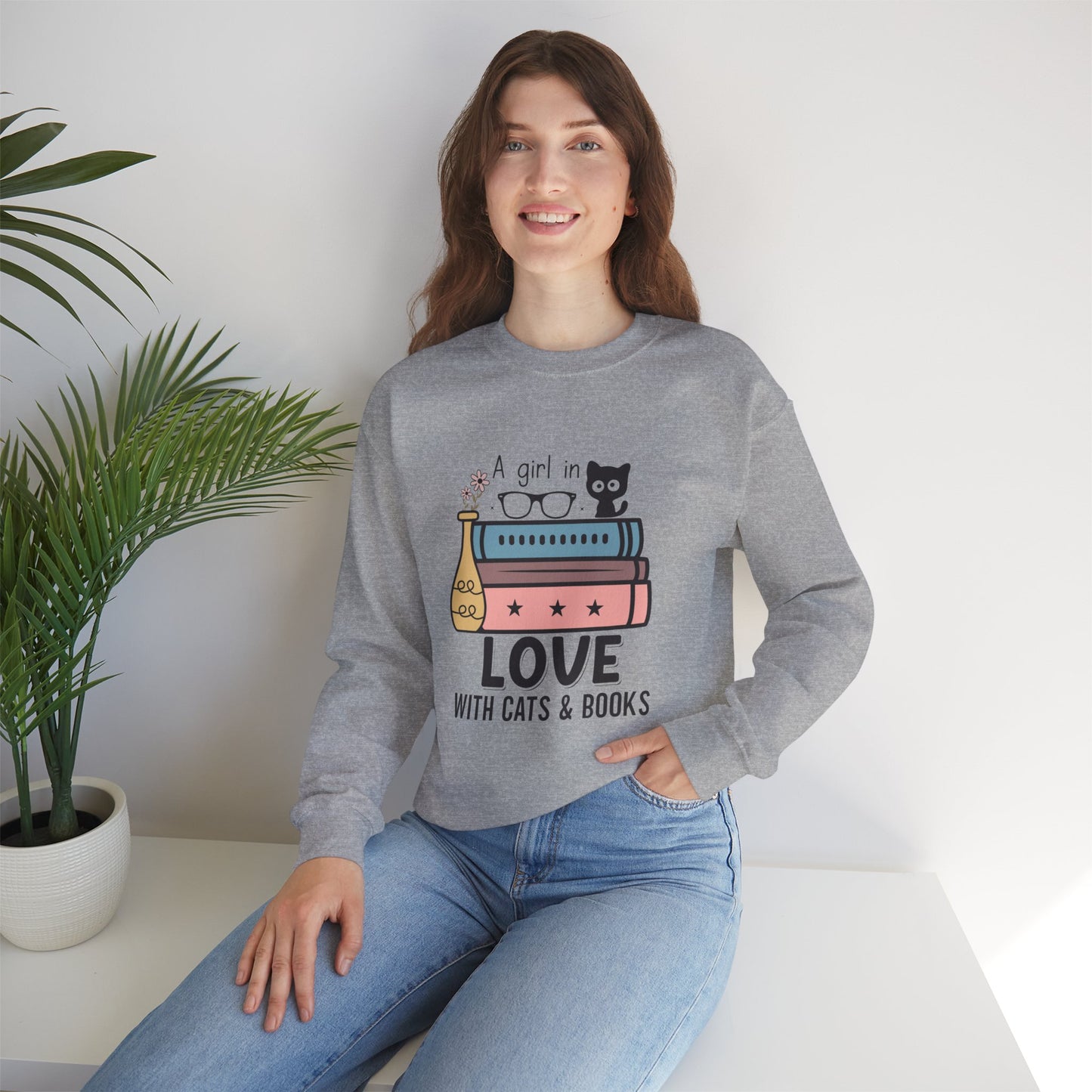 Just a Girl in Love with Cats and Books Unisex Heavy Blend™ Crewneck Sweatshirt - S - 3X sizes