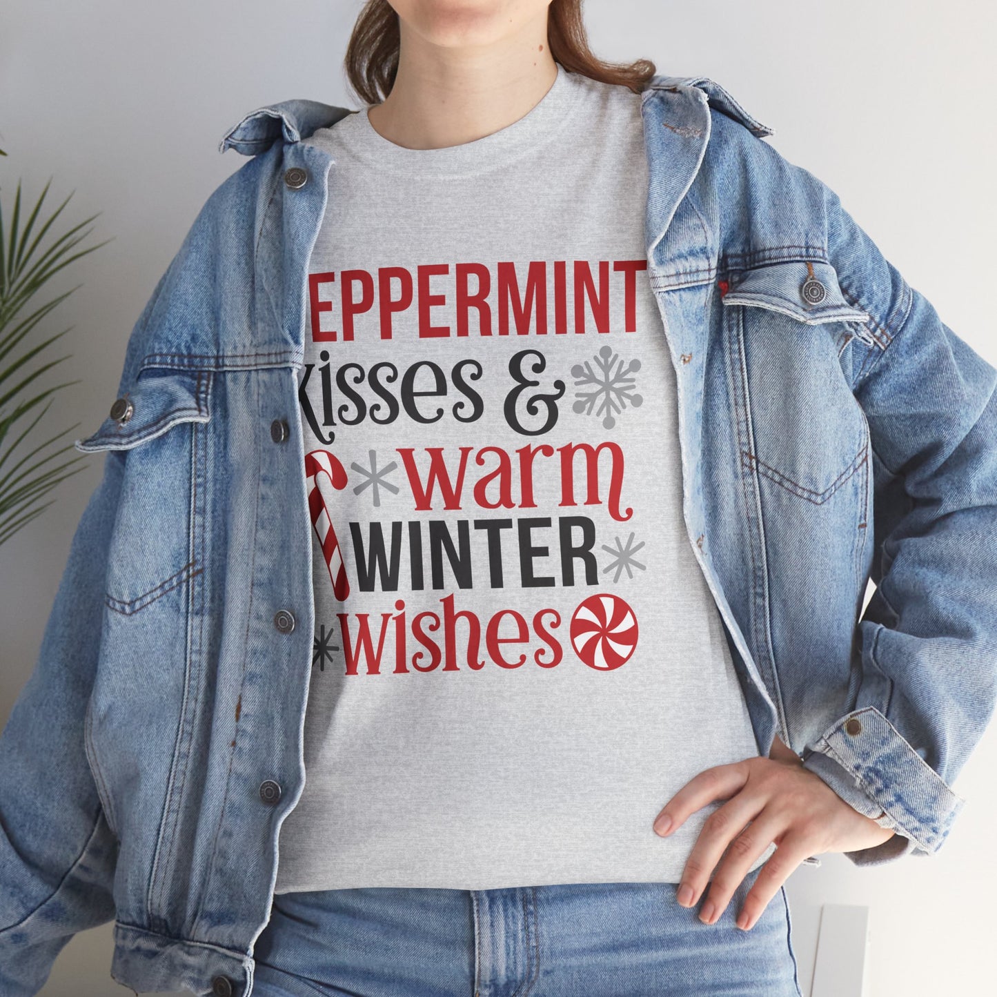 Peppermint Kisses and warm Winter wishes Unisex Heavy Cotton T-shirt - Christmas Winter Fun Cute Holiday Tee - sizes S - 3X