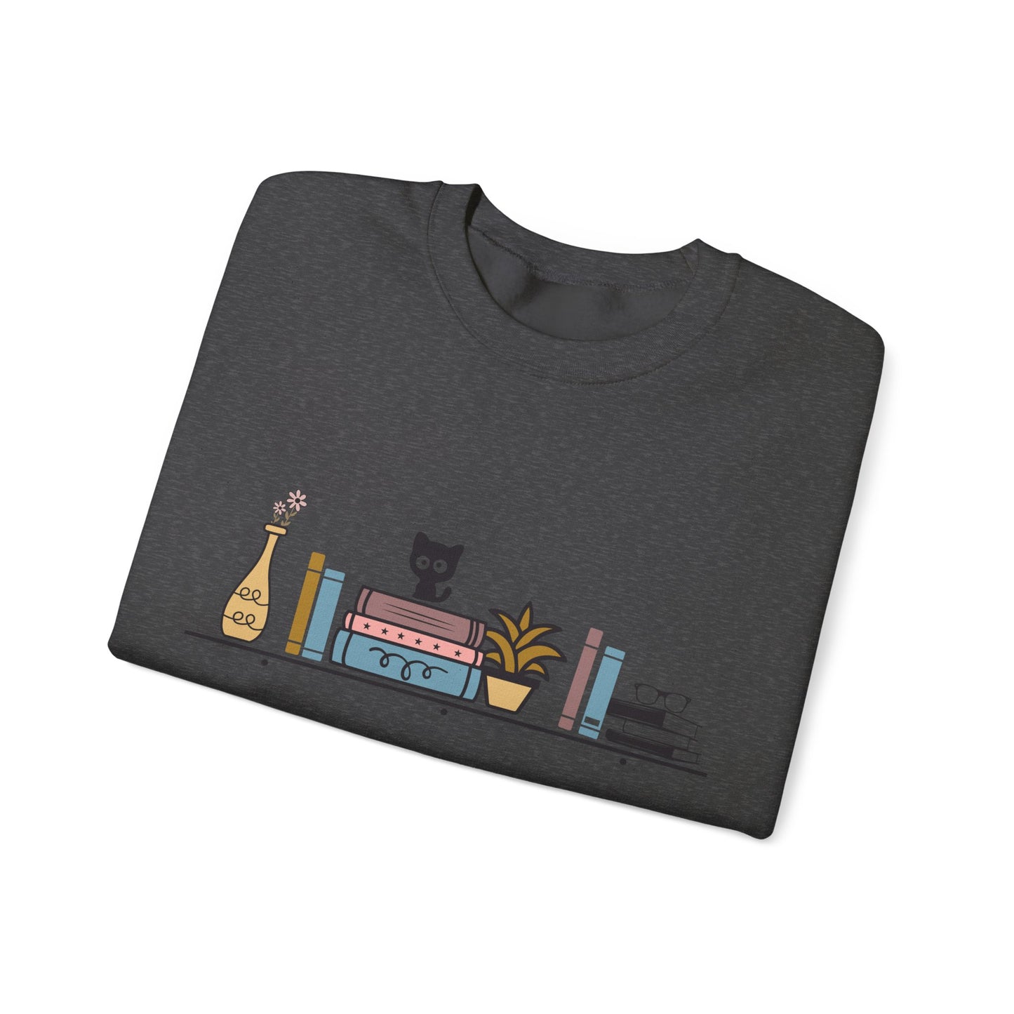 Unisex Heavy Blend™ Crewneck Sweatshirt - Cute cat and books on shelf - sizes S - 5X