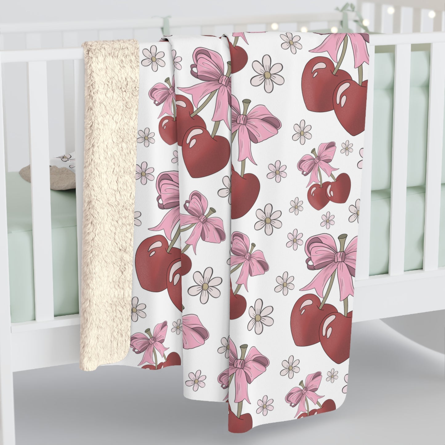 Sherpa Fleece Blanket, Heart Shaped Cherries and Bows, Warm and Cozy - 2 sizes