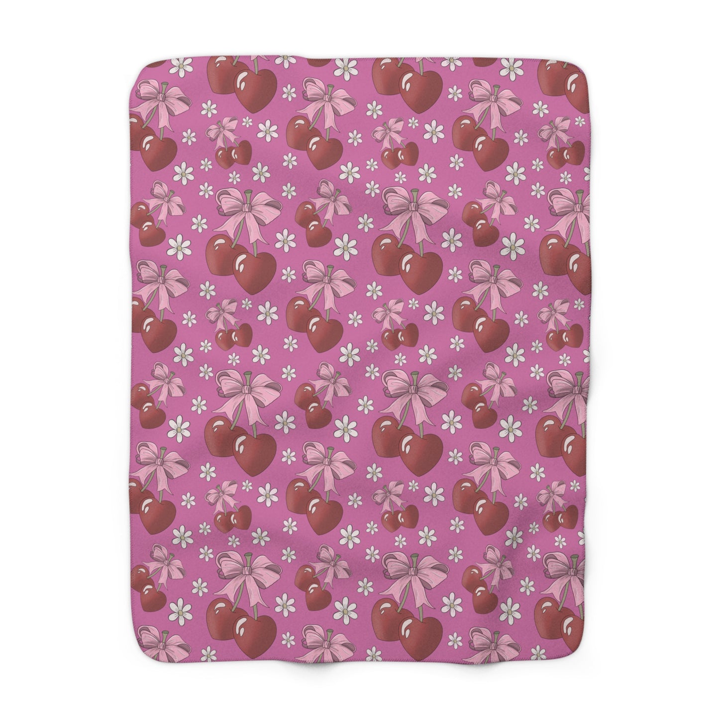 Sherpa Fleece Blanket, Heart Shaped Cherries and Bows, Warm and Cozy - 2 sizes