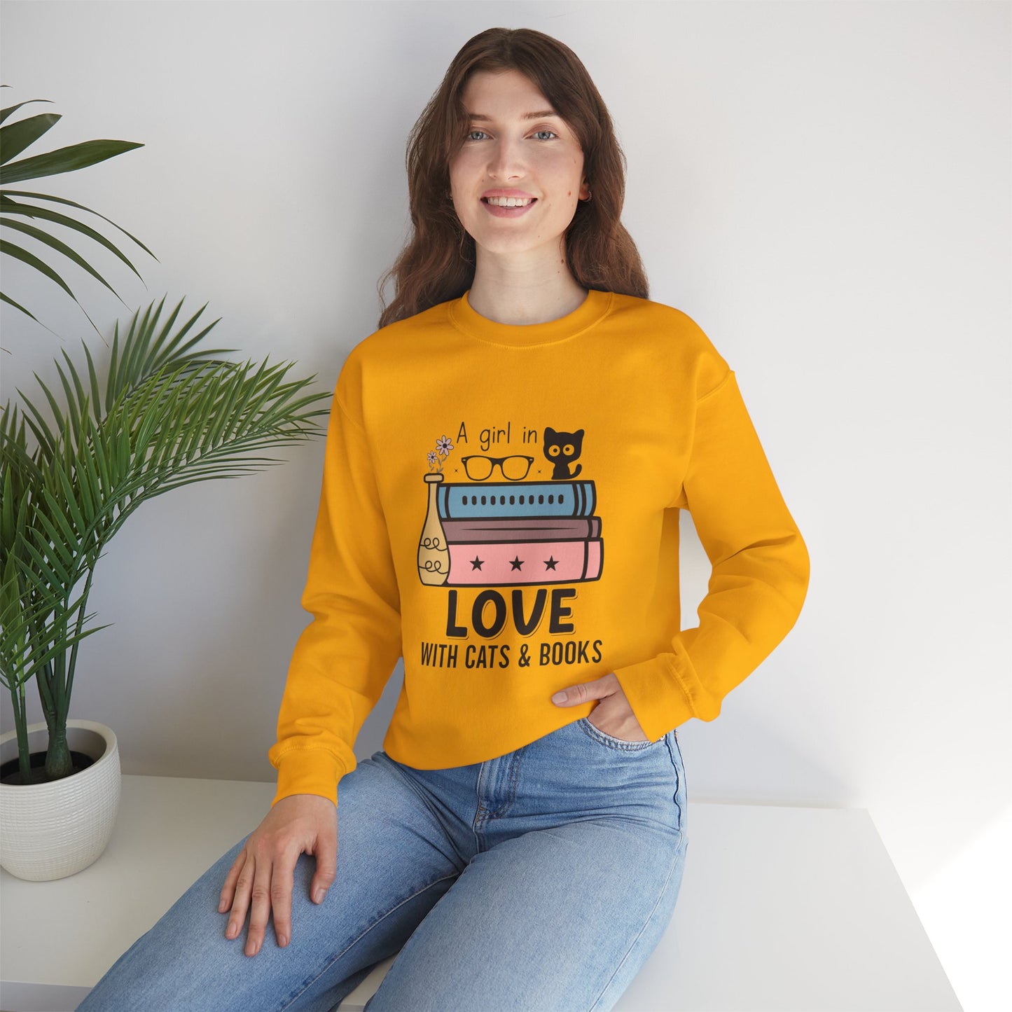 Just a Girl in Love with Cats and Books Unisex Heavy Blend™ Crewneck Sweatshirt - S - 3X sizes