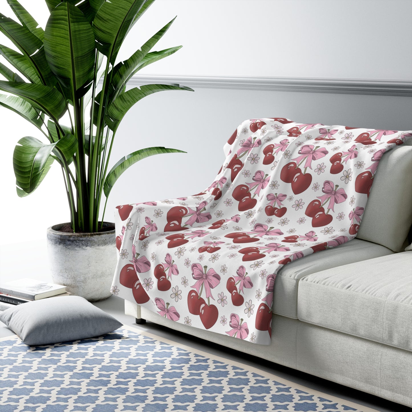 Sherpa Fleece Blanket, Heart Shaped Cherries and Bows, Warm and Cozy - 2 sizes