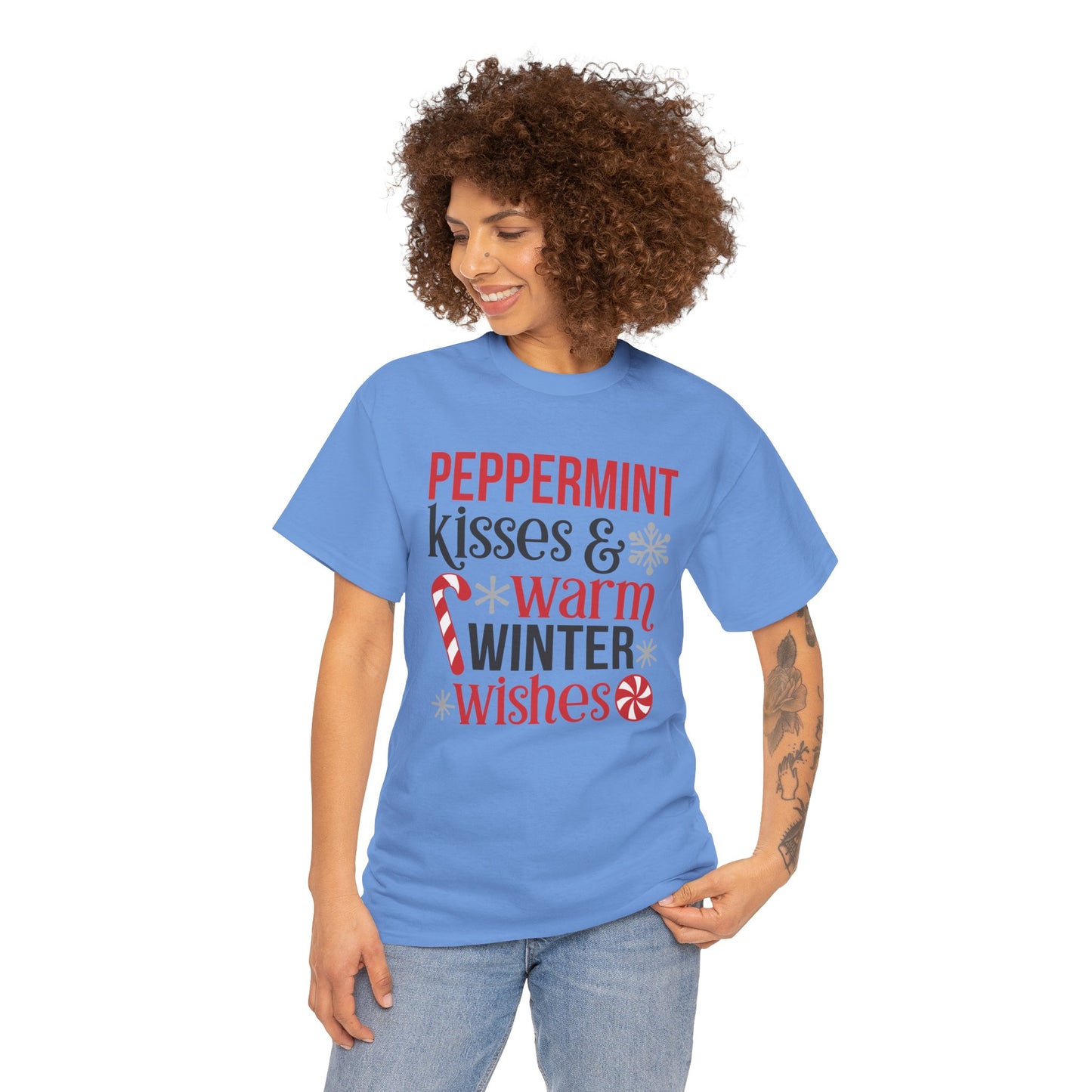 Peppermint Kisses and warm Winter wishes Unisex Heavy Cotton T-shirt - Christmas Winter Fun Cute Holiday Tee - sizes S - 3X