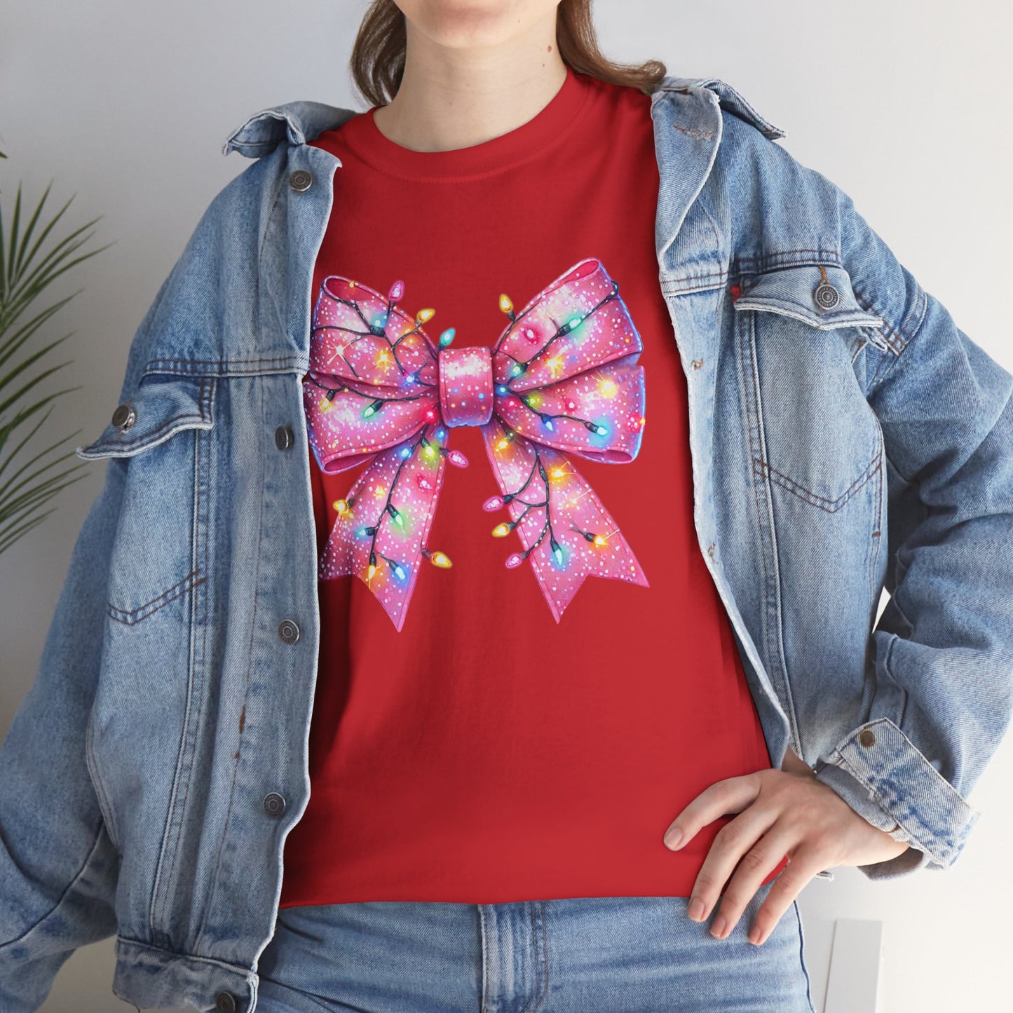 Pink Christmas Bow with lights Unisex Heavy Cotton Tee - sizes S - 5X