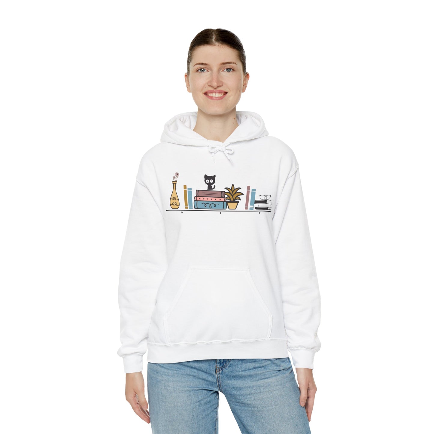 Unisex Heavy Blend™ Hooded Sweatshirt - cut cat sitting on shelf with books - S - 5X
