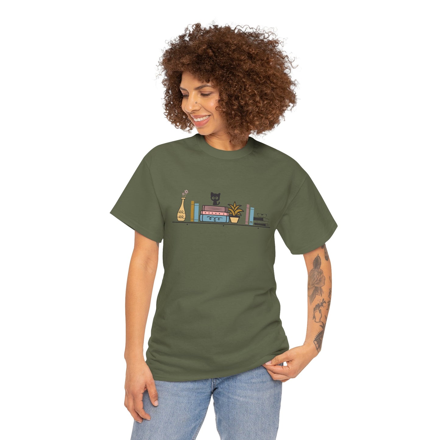 Unisex Heavy Cotton Tee - Cute cat and books on a shelf - sizes S - 5X