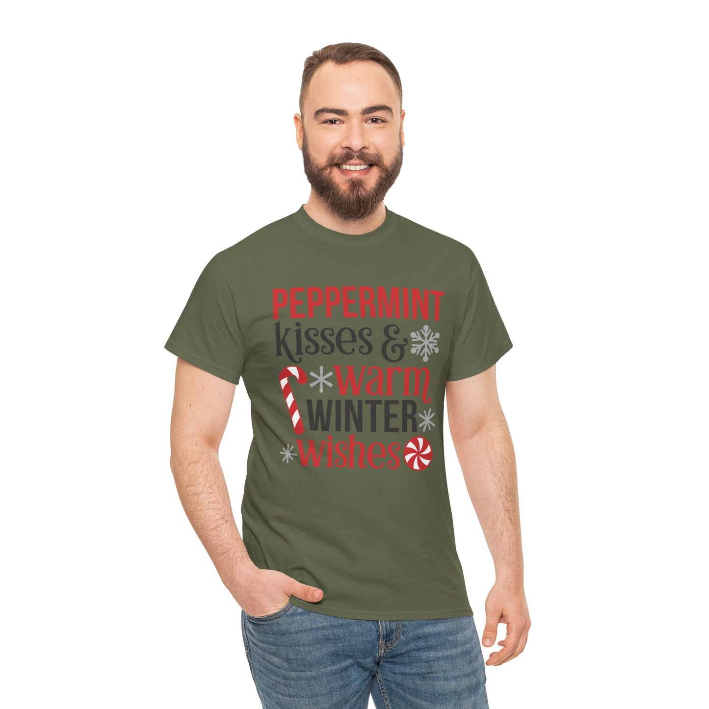 Peppermint Kisses and warm Winter wishes Unisex Heavy Cotton T-shirt - Christmas Winter Fun Cute Holiday Tee - sizes S - 3X