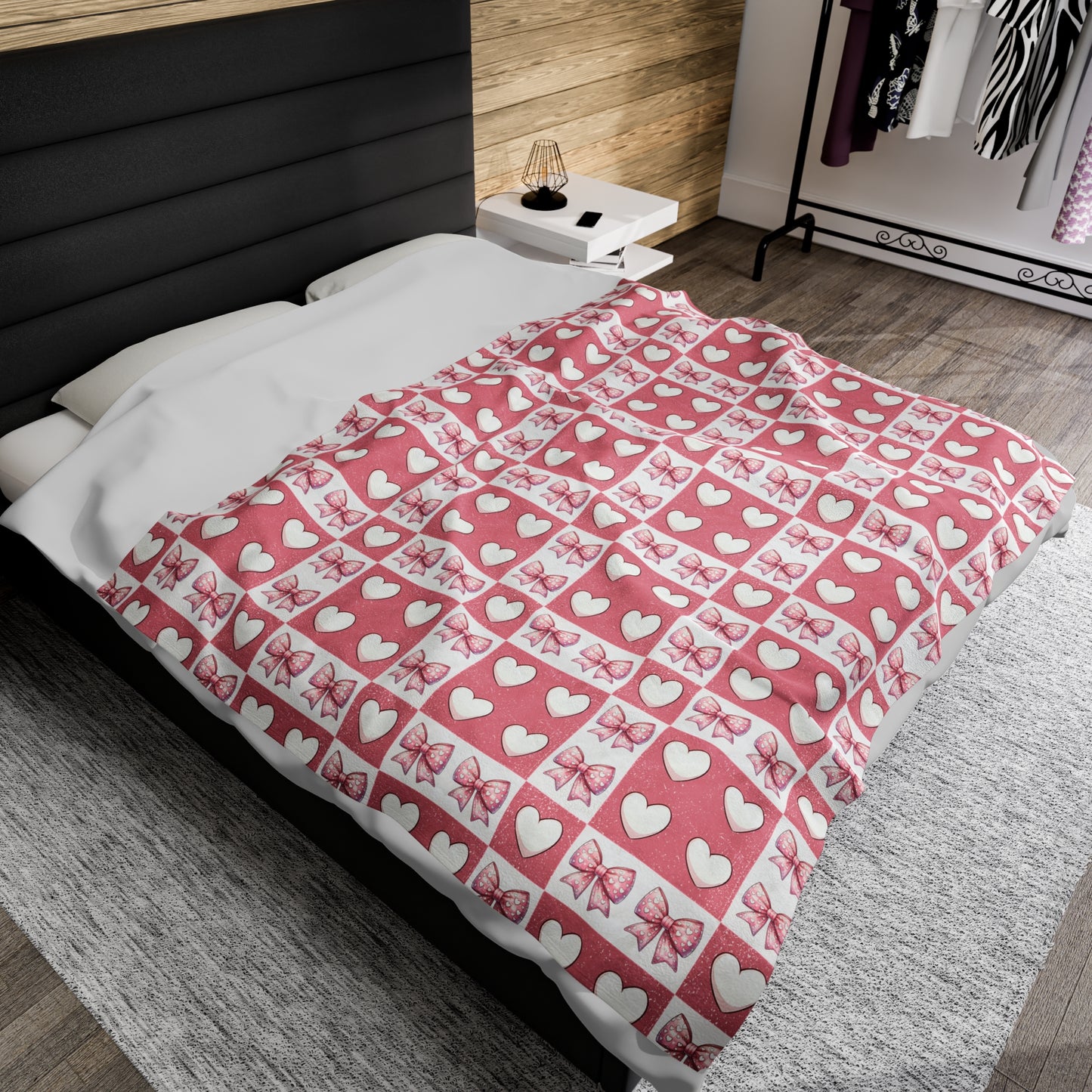 Hearts and Bow Velveteen Plush Blanket