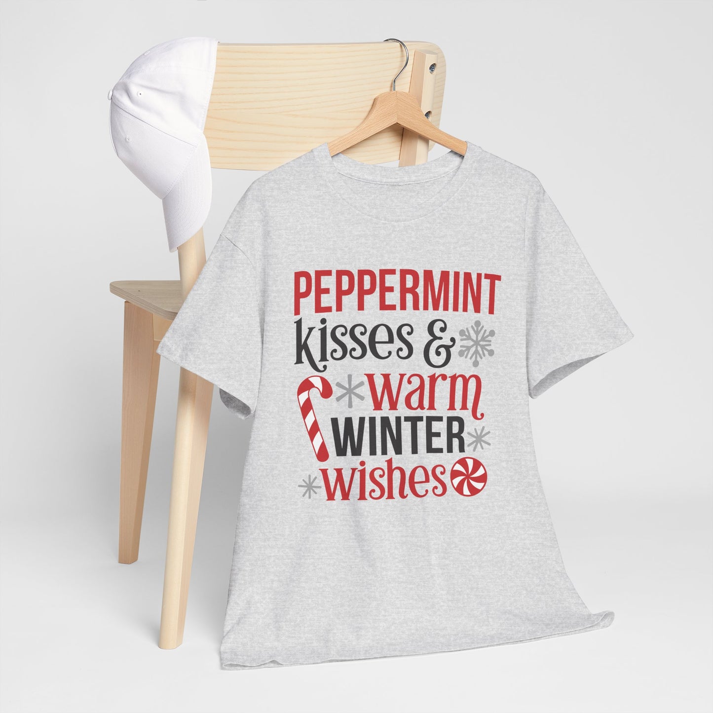 Peppermint Kisses and warm Winter wishes Unisex Heavy Cotton T-shirt - Christmas Winter Fun Cute Holiday Tee - sizes S - 3X