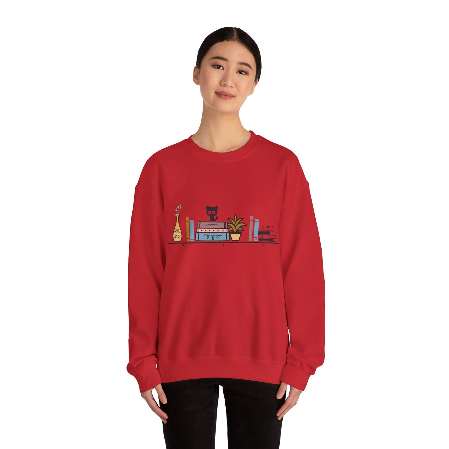 Unisex Heavy Blend™ Crewneck Sweatshirt - Cute cat and books on shelf - sizes S - 5X
